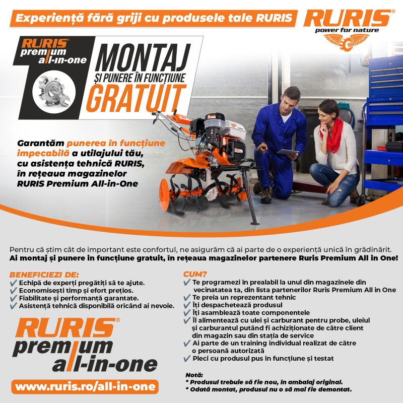 Motosapatoare RURIS 913ACC + roti cauciuc 5.00-12+plug reversibil rev2+roti metalice 500+set contragreutati 20kg 13 CP