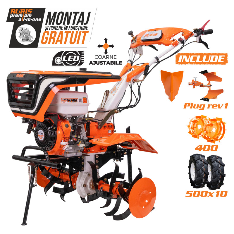 Motosapatoare RURIS 751KS+ roti cauciuc 5.00-10+rarita+plug reversibil rev1+roti metalice 400 fara manicot 9.5 CP