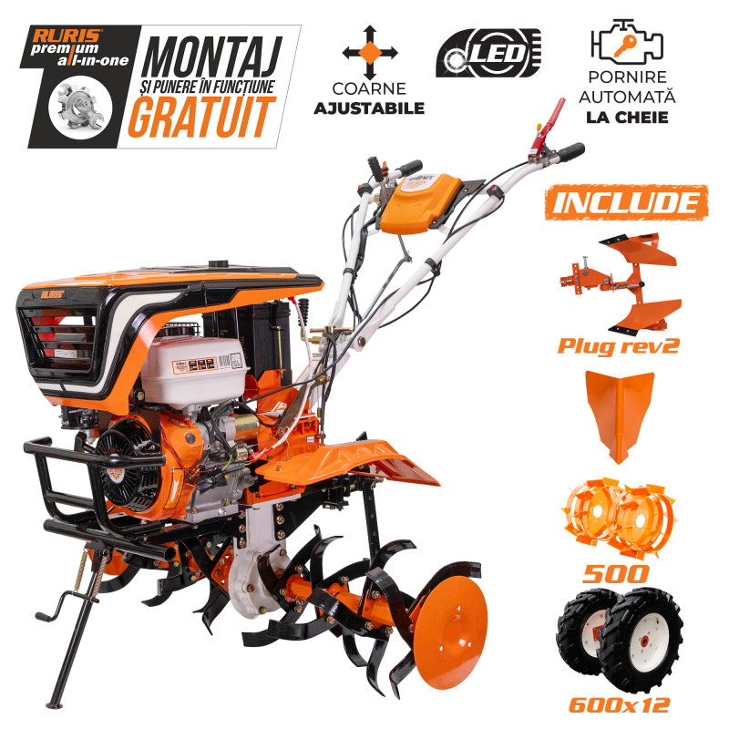 Motosapatoare RURIS 918ACC + roti cauciuc 6.00-12+rarita+plug reversibil rev2+roti metalice 500 18 CP