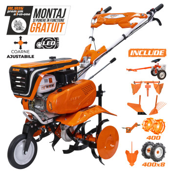 Motosapa RURIS 7500 ACC3 + roti cauciuc 4.00-8 + rarita ajustabila + plug + adaptor + dispozitiv cartofi + cultivator multifunctional + accesoriu tractat + roti metalice 400 fara manicot 7CP